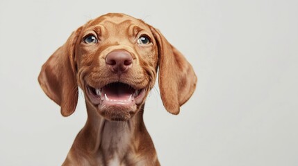 Portrait closeup happy Vizsla puppy dog smiling Isolated on white grey background : Generative AI