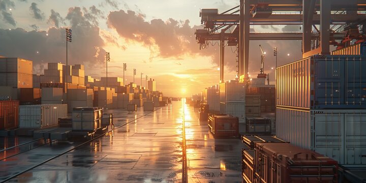 The sun rises over a shipping container yard, capturing the quiet start of a day in international commerce.