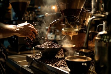 coffee, from grinding the beans to pouring the aromatic beverage into a cup for a customer - obrazy, fototapety, plakaty