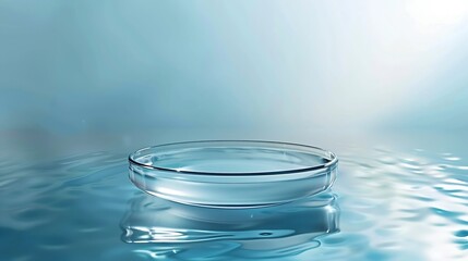 Empty clear glass circle podium on blue transparent calm water texture with waves in sunlight...