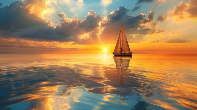 sailboat gracefully gliding across a calm sea under a sunset