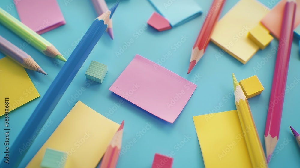 Poster pencils and various color sticky notes on blue background : generative ai