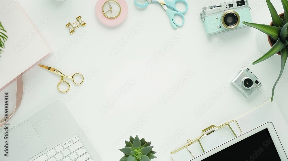 Aufkleber Flat lay top view office table desk feminine desk workspace with succulent laptop retro camera scissors diary and golden clips on white background : Generative AI