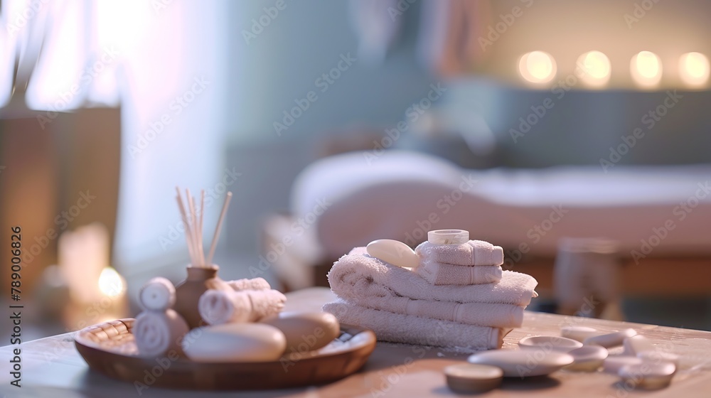 Poster Closeup view of spa accessories on the table with spa in the background : Generative AI