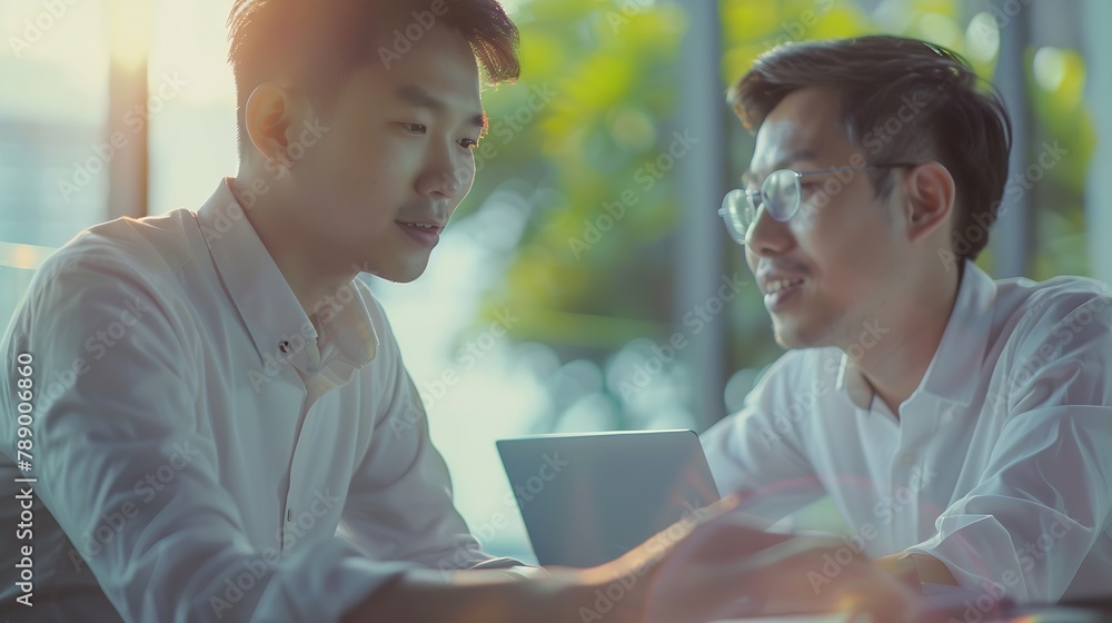 Poster two asian businessmen having a discussion during meeting and working on laptop computer in modern of