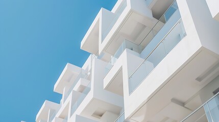 Abstract architecture background texture Close up of geometric structure made of balconies fragments white buildind walls against clear blue sky Concrete perspective composition minima : Generative AI