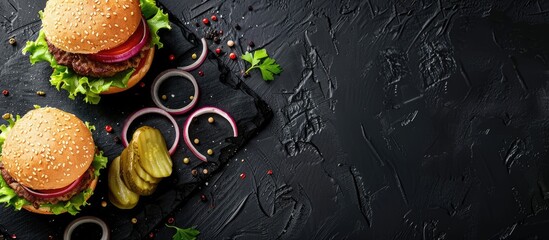 Top view of a homemade burger served on a dark slate board with pickles and sliced onion, set against a black background. Copy space available.