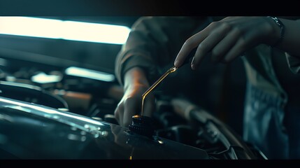 Closeup photo of womans hand check engine oil A woman pulls out the dipstick to check the oil level of her car Woman repairing car in garage or workshop Work and repairs at home : Generative AI