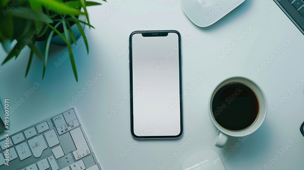 Poster White office desk table with smartphone with blank mockup screen cup of coffee and computer keyboard Top view with copy space flat lay : Generative AI