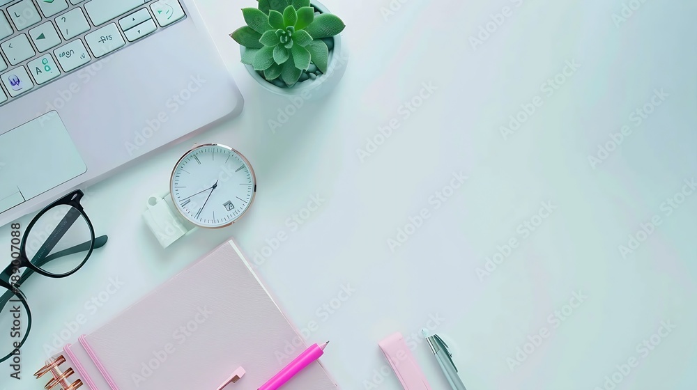 Poster flat lay top view office table desk frame feminine desk workspace with laptop diary succulent glasse