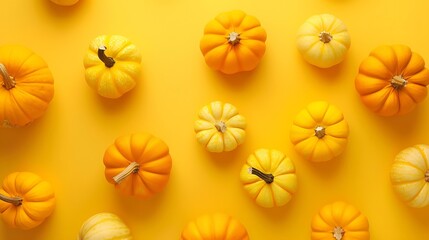 Autumn Minimal composition Autumn fall thanksgiving day halloween concept Yellow background with pumpkins Top view flat lay : Generative AI
