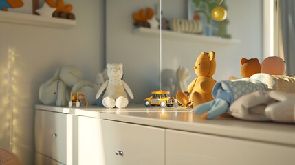 Sideboard with toys and clean baby clothes in children room : Generative AI