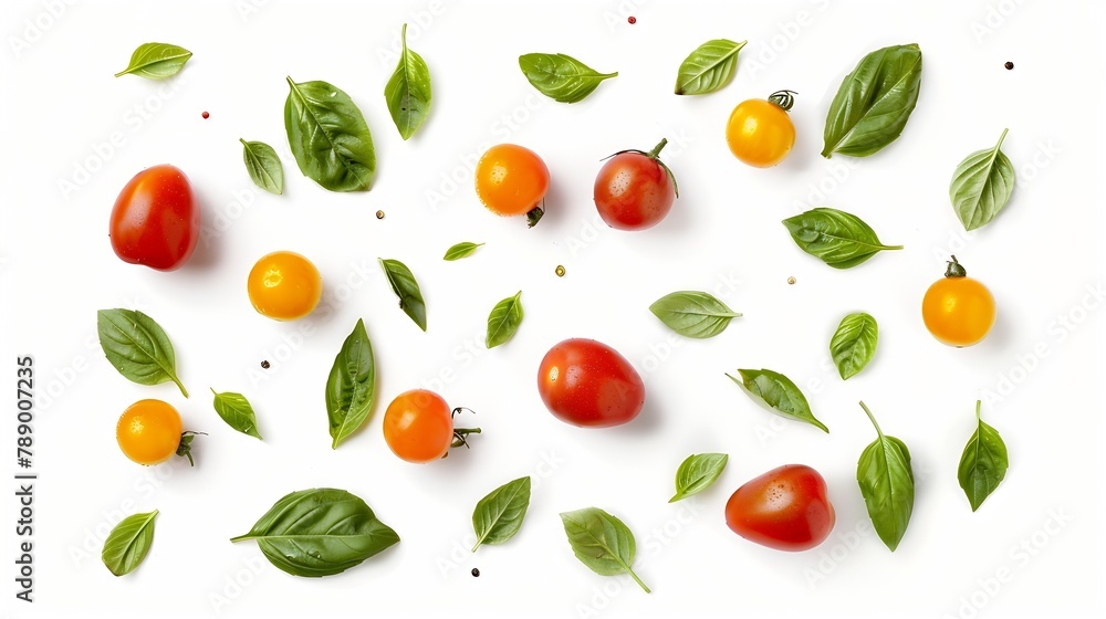 Poster flat lay composition of various colorful tomatoes and basil leaves isolated on white background top 