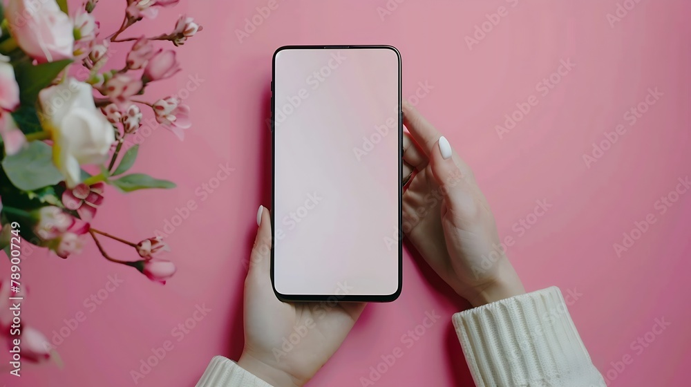Aufkleber Mockup of mobile phone with blank copy space screen in female hand Flat lay top view workspace : Generative AI