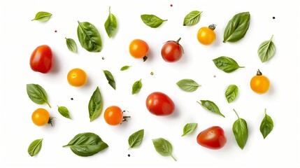 flat lay composition of various colorful tomatoes and basil leaves isolated on white background top view : Generative AI