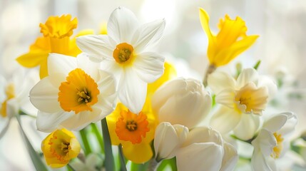 Spring bouquet of yellow buttercups white daffodils and tulips bouquet of flowers close up home decoration with flowers : Generative AI