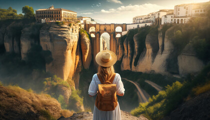 Rear view of female tourist with hat and bag looking at view famous bridge in Ronda city- Spain-ai - obrazy, fototapety, plakaty