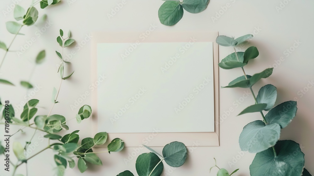 Aufkleber mockup invitation blank greeting card and green leaves eucalyptus flat lay top view : generative ai
