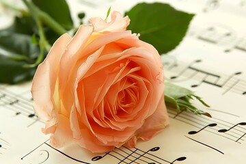 The rose on notes. The rose laying on a musical notes on a white background .