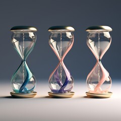 Close up of an hourglass, sand or liquid is running through a bulb, under warm and purple neon...