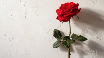 A stunning scarlet rose stands alone in a vase against a crisp white backdrop