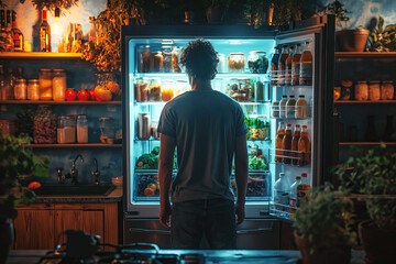 sad hungry male at refrigerator at night in kitchen. Midnight hunger. Man chooses and searches food in fridge - obrazy, fototapety, plakaty
