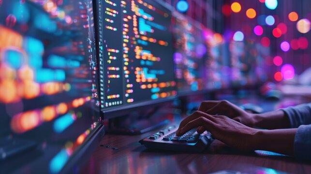 Focused programmer engaged in front-end development and website optimization using modern coding standards in a professional workspace