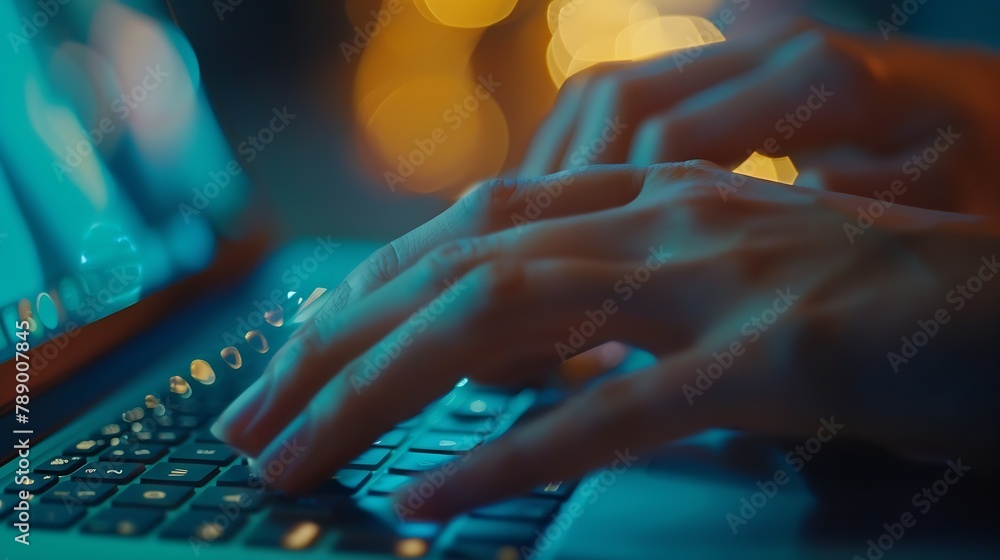 Aufkleber close up of business hands are typing on laptop : generative ai