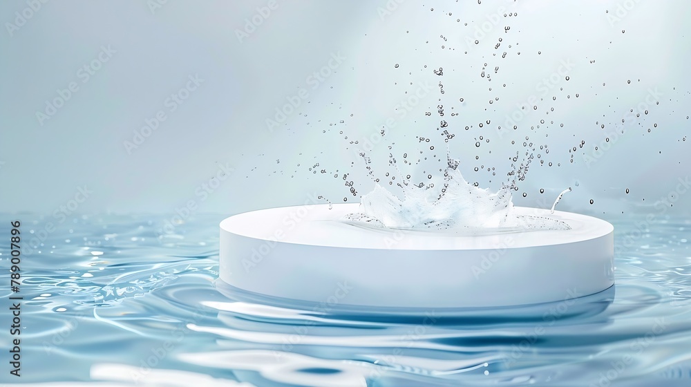 Poster empty white circle podium on transparent clear calm blue water texture with splashes and waves in su