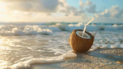 Fototapeten Coconut with drinking straw on beach at the sea © Emma