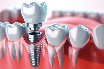 3d illustration of dental implant with white tooth. dental implantation. teeth with implant screw.