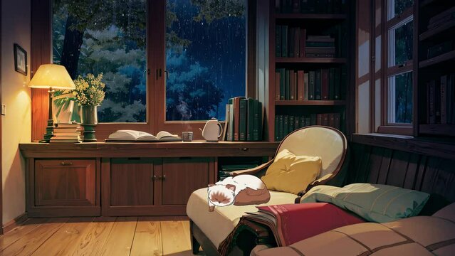 The cat sleeps on a chair relaxing in the library on a stormy night.  Lofi art, animation