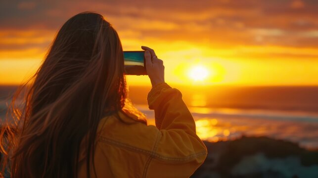 young woman using her phone to capture a beautiful sunset