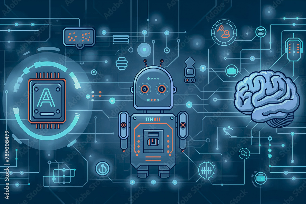 Poster a robot with a brain on a circuit board. the robot is designed to be an artificial intelligence