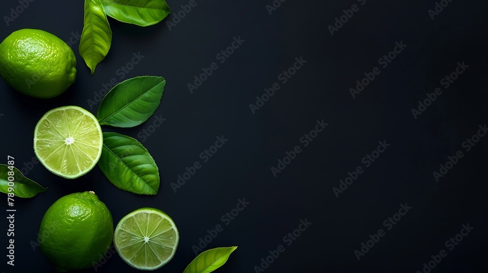 Aufkleber Group lime with sliced and green leaf on black dark background  top view  flat lay : Generative AI