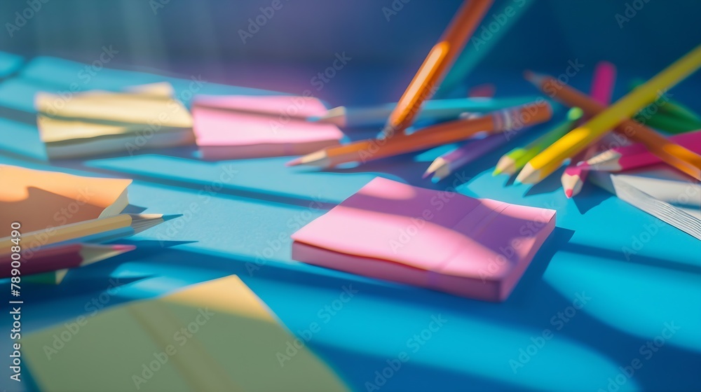 Poster pencils and various color sticky notes on blue background : generative ai