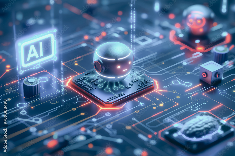 Poster a robot with a brain on a circuit board. the robot is designed to be an artificial intelligence