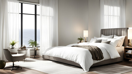 Modern bedroom design, exquisite double bed and french window, with beautiful scenery outside