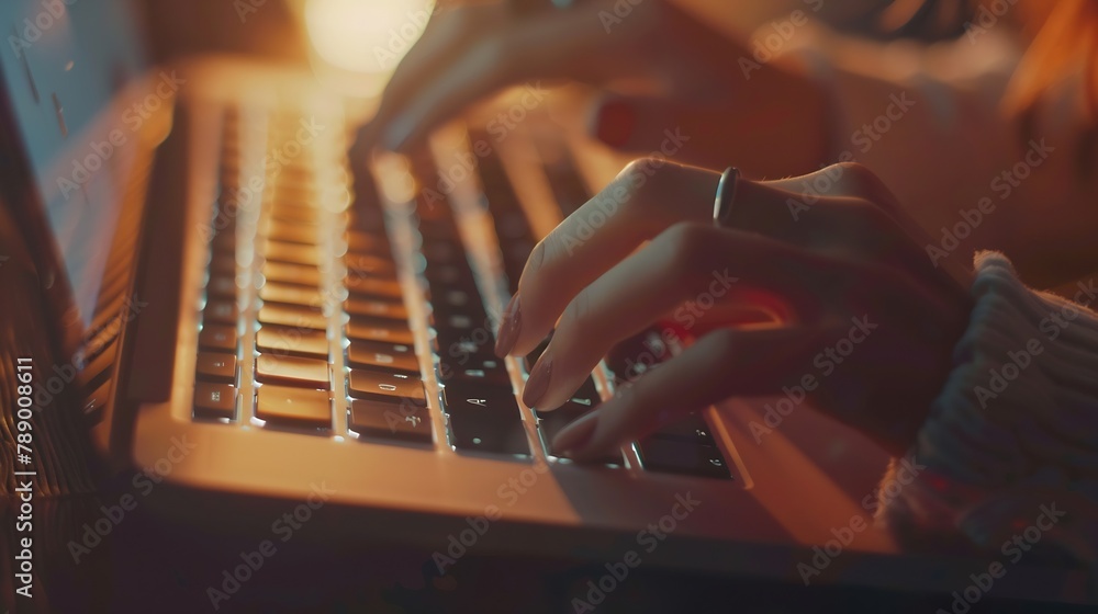 Aufkleber Young woman working with a laptop Female freelancer connecting to internet via computer Blogger or journalist writing new article Closeup of female hands typing on keyboard : Generative AI
