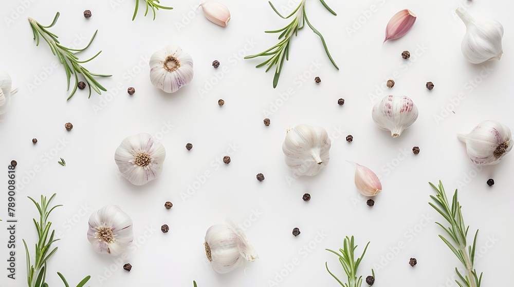 Poster garlic with rosemary and peppercorn isolated on white background Top view Flat lay pattern : Generative AI