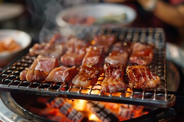 Jugosos trozos de carne chisporrotean sobre una parrilla de carbón incandescente, el humo susurra historias de sabores que pronto cautivarán las papilas gustativas.