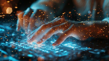 Information technology specialist engaged in digital transformation with UX database management and IoT integration, demonstrated through software hologram and computer application overlay