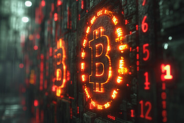 A computer screen with a red Bitcoin symbol and a bunch of numbers