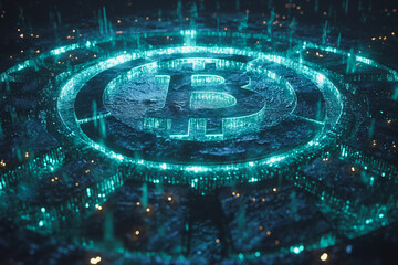 A blue and green image of a Bitcoin symbol with a glowing effect