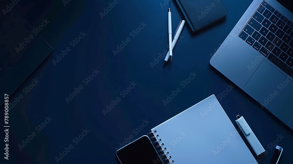 Poster home office desk laptop mobile note book and pen on dark blue background stylish workspace top view 