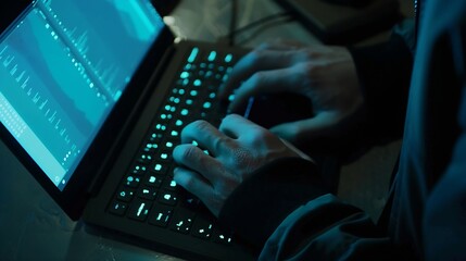 Close up man hand typing keyboard on laptop in darkness operating room cyber security concept Hacker using laptop : Generative AI