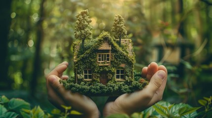 Hands holding up a model house overgrown with vines and small trees, set against a backdrop that blurs into natural woodland, symbolizing the integration of eco-friendly practices in home design - obrazy, fototapety, plakaty