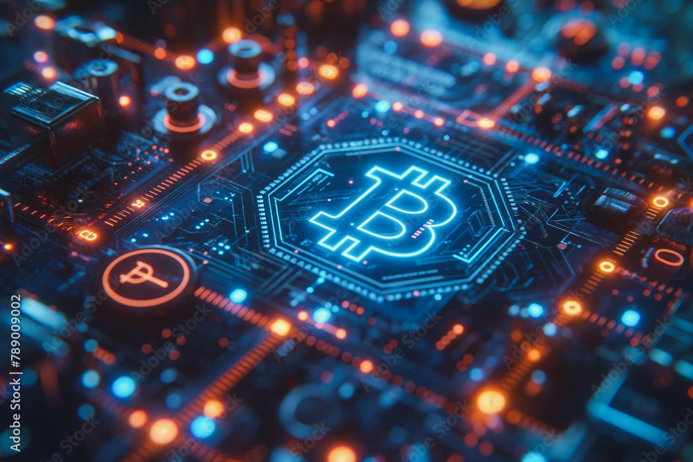 Poster a computer chip with a red letter bitcoin symbol on it. the image is a close up of the chip and the 