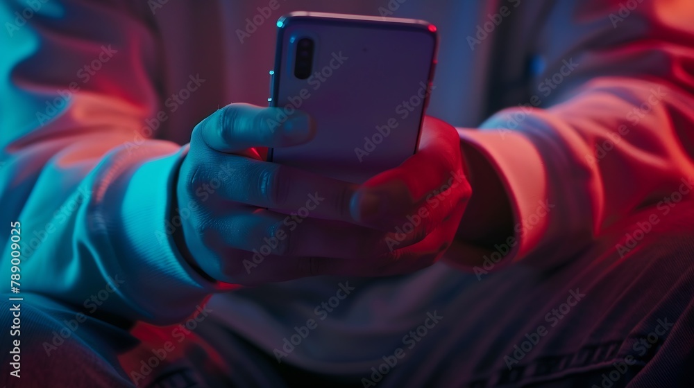 Poster closeup of hands with mobile phone or smartphone : generative ai