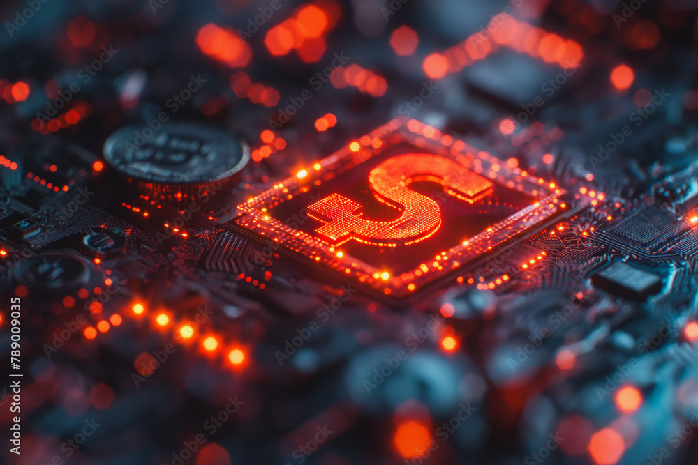 Poster a computer chip with a red letter dollar symbol on it. the image is a close up of the chip and the l